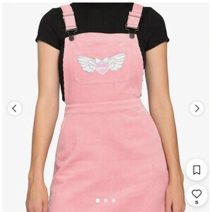 Hot Topic Kawaii Pink Cord Skirtall Bow Back Embroidered Overall Dress L